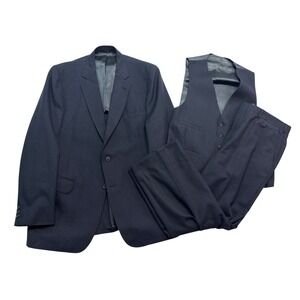 vtg JB Britton USA 44R 44L 38x29 Navy Blue Pinstripe 3pc Pant Suit Vest Wool